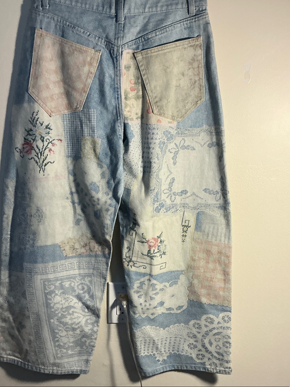 Light Blue Patchwork-Print Straight Leg Jeans - Picture 5 of 6